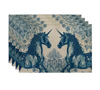 Magical Horse Themed Placemats, Blue Fantasy Decorative Place mats for Dining Table, Non-Slip Washable Indoor Outdoor Party Tableware Set of 4