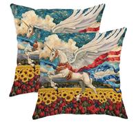 Magical Horse Throw Pillow Covers Set of 2, Fantasy Fanciful Sunflowers Tulips Spring Yellow with Hidden Zipper Decorative Pillow Cases for Home Living Room Bedroom Dorm Couch Decor 14x14 Inch