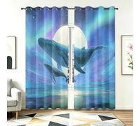 Magical Humpback Whale & Galaxy Night Sky Thermal Curtains W 66" x L 90" (2 Panels), Midnight Blue & Aurora Purple Eyelet Blackout Drapes for Bedroom and French Doors, Kids Room Sleep Space