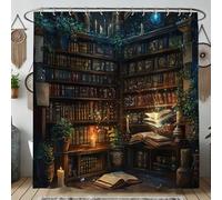 Magical Library Shower Curtain, Enchanted Book Design for Bathroom Decor, Cozy Autumn Winter Vintage Waterproof Fabric Shower Curtain Set with Hooks 62x72 Inch