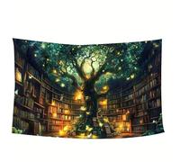 Magical Library Tree Of Liife Wall Tapestry, Fantasy Bookshelf Design, 60 x 90 cm