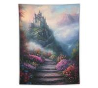 Magical Mountain Castle Stairway Tapestry Wall Hanging Fantasy Cliff Valley Landscape Art For Living Room Bedroom Dorm Apartment Fairycore Boho Adventure Decor60 x80 Tapestry