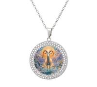 Magical Mythology Goat God Birds Fashion Necklace Chain Round Graphic Pendant with Diamond Jewellery Silver-style