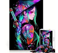 Magical Neon Samurai Girl Jigsaw Puzzles for Adults 1000 Piece Brain Agility Restful Game Happy Challenge Night Game (38x26cm)