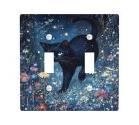 Magical Night Sky Cat Light Switch Cover Plate, Black Feline with Stars and Flowers for Home Decor, Thermoplastic Wall Plates, Standard Size Double Toggle
