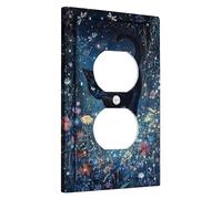 Magical Night Sky Cat Light Switch Cover Plate, Black Feline with Stars and Flowers for Home Decor, Thermoplastic Wall Plates, Standard Size Single Duplex Outlet