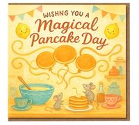 Magical Pancake Day Card - Wishing You a Magical Pancake Day, Cute Mice with Pancakes, Smiling Lemons and Bunting Kitchen Scene