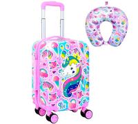 Magical Pink Unicorn Girls Suitcase 2PC Set: Airline-Approved Kids Carry on Luggage with 360° Spinner Rolling Wheels, Includes Neck Pillow