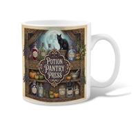 Magical Potion Apothecary Theme Shelf Halloween Ceramic Coffee Mug 11oz | Cat Motif, Drinking Cup, Potion Bottles, Magical Herbs, Scholarly Gothic Theme, Gothic Home Decor