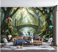 Magical Rainforest Wall Murals, 450x315cm Fantasy Ancient Bridge Waterfall Photo Wallpaper Silk Wall Covering 3D Effect Poster Picture for Living Room Bedroom Office Wall Decoration, Emerald Green