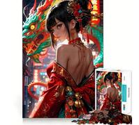 Magical Samurai Girl Neon Jigsaw 1000 Pieces for Adults Calm Daily True Detail Joyful Challenge Perfect Art (38x26cm)