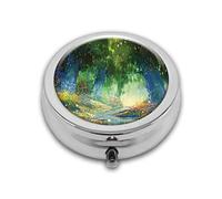 Magical Scene with Flower Field with Mist Lights Fairy Tale River Round Box,Compact Compartment Medicine Case,for Pocket,Purse,Portable Medicine Tablet Vitamin Holder Travel
