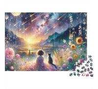 Magical Starfall Scene 1000 Pieces Girl Cat Meteor Recycled Cardboard Jigsaw Puzzle for Puzzle Enthusiasts Family Game Night Collectible Item Missing Piece Guarantee 52x38cm/1000pcs