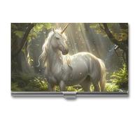 Magical Unicorrn in The Forests Creek Business Card Wallet Credit Card Holder Metal Square Small Pocket Purse