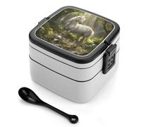 Magical Unicorrn in The Forests Creek Lunch Box Stackable Bento Box Double Layer Leak-Proof Lunch Container with Cutlery Set