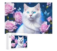 Magical White Cat with Pink Roses - Decorative Jigsaw for Grown-Ups, 1000 PCS, Screen-Free Activity, for Screen-Free Relaxation at Home