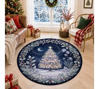 Magical Winter Night Christmas Tree Round Area Rug 5ft | Glowing Star, Round Carpet, Winter Pine Branches, Traditional Seasonal Aesthetic, Cozy Fireplace Area, Festive Night Scenery