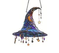 Magical Witch Hat Suncatcher, Blue and Purple Crystal Window Hanging, Decorative Glass with Dangling Gems, 20x18 cm