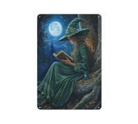 Magical Witch of The Forest Reading Tin Metal Signs Wall Art Decorations for Bar Pub Club Cafe Room Farmhouse White 30x20cm