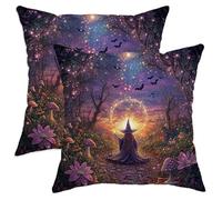 Magical Witch Throw Pillow Covers Set of 2, Violet Enchanted Forest Decorative Cushion Cases, Autumn Halloween Farmhouse Decor for Home Sofa Bed Couch 16x16 Inch