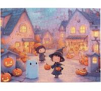 Magical Witch Town Halloween Night Wooden Puzzles for Adults Witch in Pointed Hat White Cat&Jack O Lanterns Cozy Village Scene with Starry Sky Gift for Indoor Puzzle Lovers_300pcs