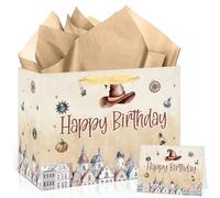 Magical Wizard Birthday Gift Bag for Kids Boys Girls Brown Witch Happy Birthday Bag with Wrapping Paper Card Large Vintage Castle Gifts Bag for Magic Bday Halloween Decorations Party Supplies