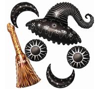 Magical Wizard School Balloon Witch Party Decorations Balloons Black moon and sun balloon broom balloon for Halloween/Christmas/Magic School/Baby Shower/Witch/Birthday Party Decorations Supplies 6pcs