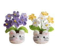 Magicherry 2 Pieces Crochet Forget-Me-Not Potted Plants Handmade Artificial Flowers With Cat Shaped Pot For Home Decor, Wedding, Birthday Present for Friends and Family, Gradient Purple+Yellow