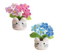 Magicherry 2 Pieces Crochet Forget-Me-Not Potted Plants Handmade Artificial Flowers With Cat Shaped Pot For Home Decor, Wedding, Birthday Present for Friends and Family, Gradient Pink+Blue