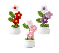 Magicherry 3 Pieces Knitting Crochet Puff Flowers Potted Plants,Gradient Colorful Daisy for Friends,Family and Lover,Handmade Flowers for Car Dashboard Home Office Desk Decoration,Color#A
