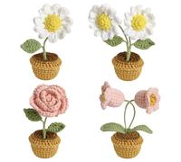 Magicherry 4 Pieces Crochet Flowers Small Potted Knitted Daisy Rose Lily of the Valley Artificial Woolen Yarn Flowers for Car Dashboard Home Office Table Centerpiece Shelf Decor,Color#B