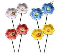 Magicherry 8 Pcs Ceramic Flowers with Bee Watering Station for Garden, Handmade Ceramic Mini Corn Poppy Flower Shaped Drinking Cup for Bee Bird Butterfly, (Red Purple Blue Yellow)
