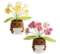 Magicherry Crochet Forget Me Not Potted Plants 2 Pieces Handmade Artificial Forget Me Not Flowers Emotional Support Plush Plant with Positive Card for Home Office Desk Car Decor,Yellow+Pink
