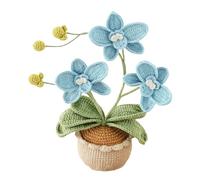 Magicherry Crochet Orchid Flowers Potted Plants Handmade Knitted Artificial 3 Head Phalaenopsis Flower with Exquisite Pot For Christmas Birthday Graduation Presents, Blue
