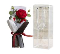 Magicherry Crochet Rose Flower Bouquet 11 Inch Hand Knitted Roses with Handles PET Transparent Gift Bags, Present for Birthday, Anniversary, Wedding (Red)