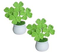 Magicherry Handmade Crochet Four Leaf Clover Potted Plants 2 Pieces Knitted Lucky Clover Artificial Plant for St. Patricks Day Car Dashboard Decor Office Desk Decorations,Green