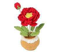 Magicherry Handmade Crochet Peony Potted Plants Knitted Artificial Peony Bouquet with Exquisite Pot for Birthday Wedding Anniversary Peresent and Home Desk Decor,Red