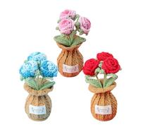 Magicherry Handmade Crochet Rose Potted Plant Knitted Artificial Forever Rose Flowers With Exquisite Pot For Home and Office Desk Decor For Girlfriend, Wife, Moms, Lover and You, Red+Pink+Blue