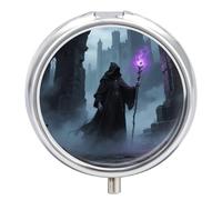 Magician in Castle Ruins Pill Box 3-Compartment Travel Pill Organizer Portable Round Medicine Case with Mirror Design for Vitamins, Jewelry & Essentials Durable Pocket Pillbox for Purse, Camping
