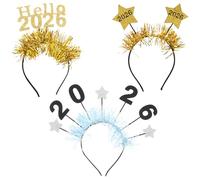 MAGICLULU 3pcs Happy New Year Headband: Hello 2026 Glitter Star Tiara Party Headband with Tinsel - 2026 Tiara Hair Band for Christmas Holiday Celebrations and Spring Festival