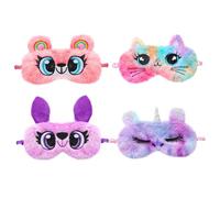 MAGICLULU 4pcs Plush Animal Sleeping Eye Masks, Cartoon Furry Sleep Blindfold Set with Owl, Rainbow Cat, Purple Unicorn, and Colorful Bear for Travel and Home Use
