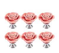 MAGICLULU 6pcs Rose-Shaped Ceramic Cabinet Handles, Zinc Alloy Single-Hole Drawer Pulls, Pink Floral Door Knobs for Wardrobe and Furniture Accessories