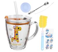 MAGICLULU Cartoon Glass Milk Cup with Handle Measuring Scale for Portion Control Microwave Safe Tempered Glass Childrens Breakfast Mug with Straw Suitable for Students