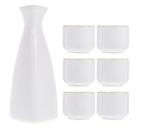MAGICLULU Ceramic Sake Set 7pcs with Vintage White Triangular Sake Bottle and 6 Japanese-Style Small Ceramic Wine Cups for Business and Dining Entertainment