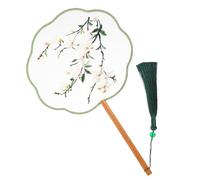 MAGICLULU Double-sided Embroidery Circular Fan with Green Real Silk and Wood Frame, Classic Chinese Tassel round Handheld Fan for Room Decoration and DIY Accessory