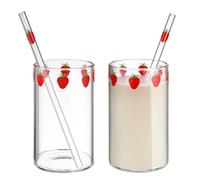 MAGICLULU Strawberry Printed Milk Cups Set of 2 High Borosilicate Glass Juice Cups with Straw for Smoothies and Beverages Easy to Clean Home Use