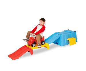 MagicMeadow Up & Down Roller Coaster Toy for Toddlers - Indoor Outdoor Ride On Train and Track - Sensory Kids Rollercoaster with Car Slide - Build a Rollercoaster Play Set - Blue, Red & Yellow