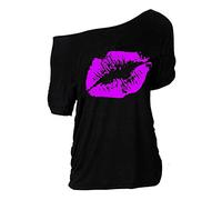 MAGICMK Women Casual Plus Size Lips Print Off Shoulder T-Shirt Tops, Black+purple, M