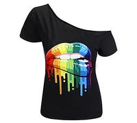 MAGICMK Women’s Short Lips Print Causal Off The Shoulder Plus Size T-Shirt Tops, Black+xxmouth, M