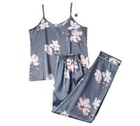 Magicnitz Women's Pyjama Set SilkSatin Floral Flamingo Print Cami Top & Pants Luxury Nightwear Loungewear SleepwearTwo Piece Comfy Night Dress (Blue Floral- XL)